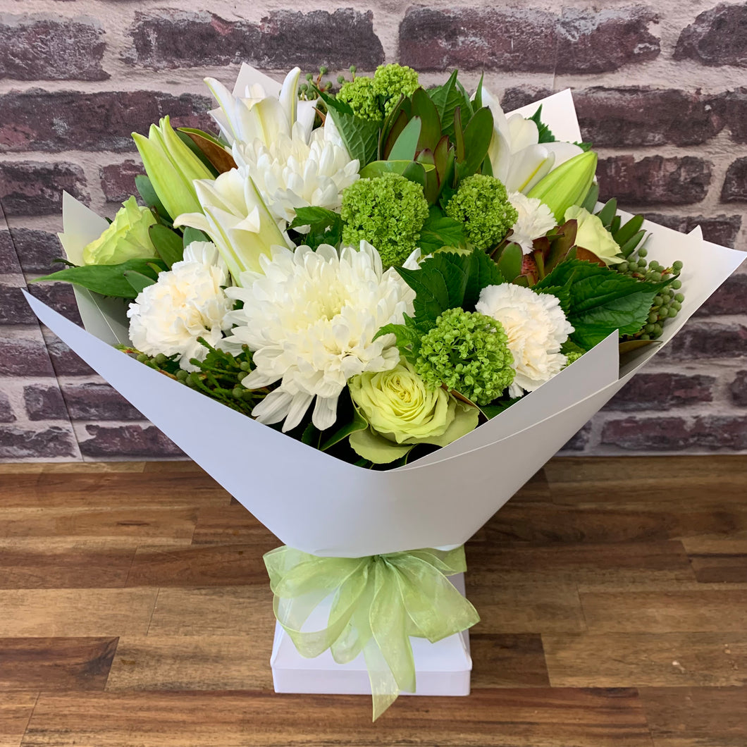 Vox Box Arrangement Creams, Greens & Whites - Wellington Flower Co.